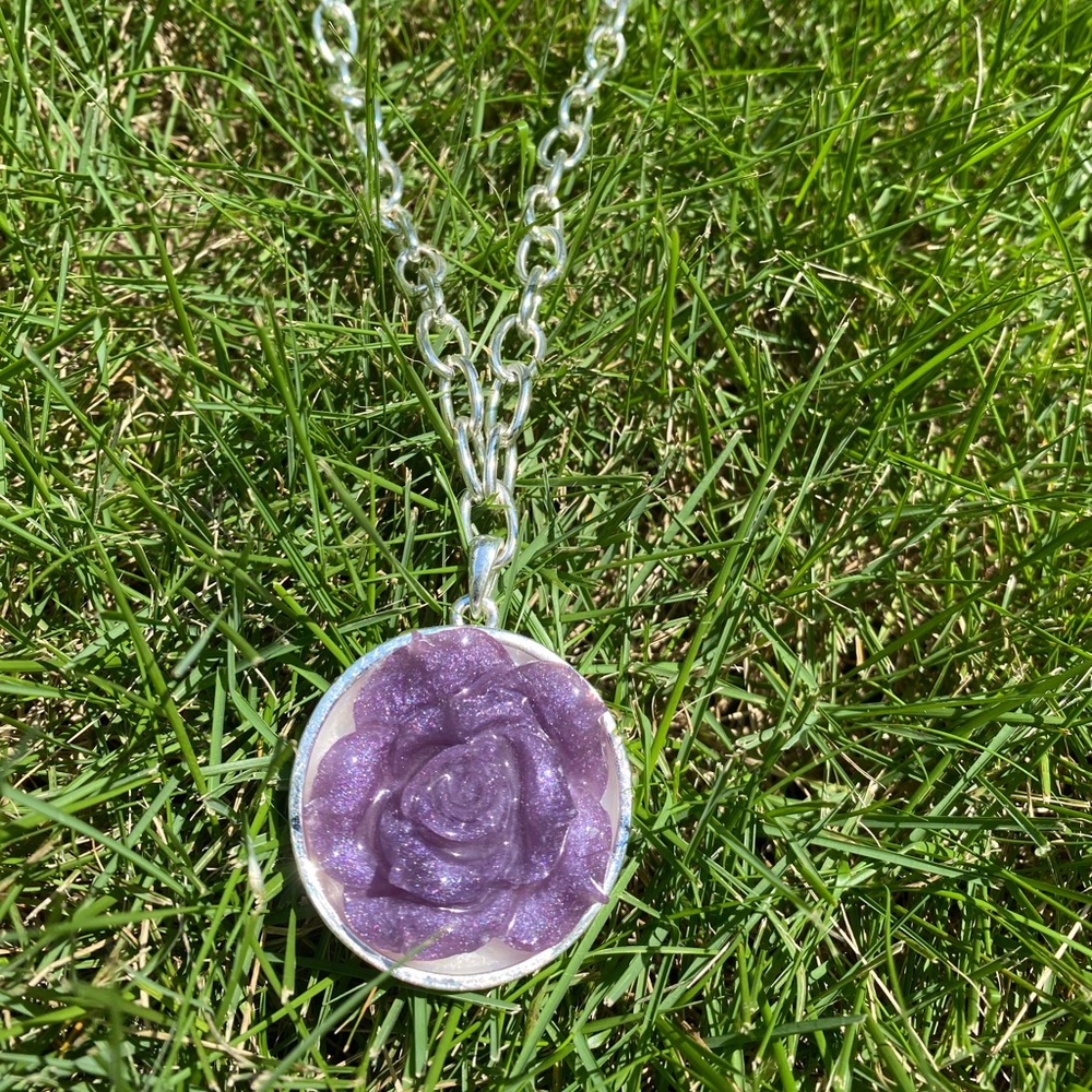 Purple & Silver Rose Pendant (2”) Necklace LOYAL MUSE 19” long